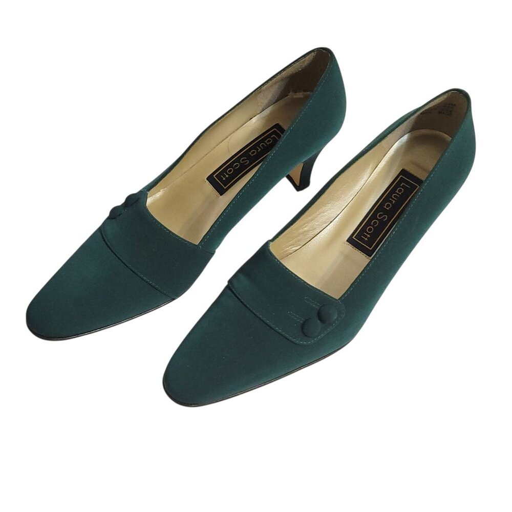 Vintage Laura Scott Green Satin Kitten Heel Shoes Size 6.5 With Button Detail - Picture 4 of 16